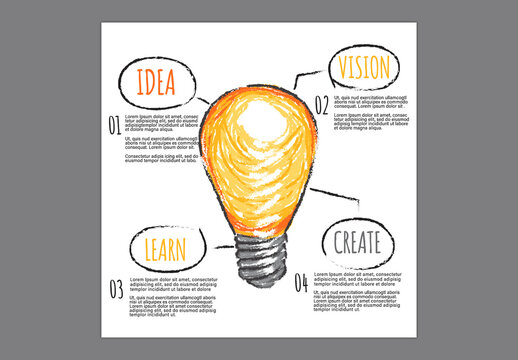 Editable Hand Drawn Light Bulb Infographic Template with 4 Steps for Creative Idea and Business Vision.