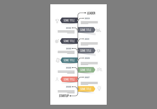 Editable Business Roadmap Infographic Template with 8 Yearly Milestones from Startup to Leader.