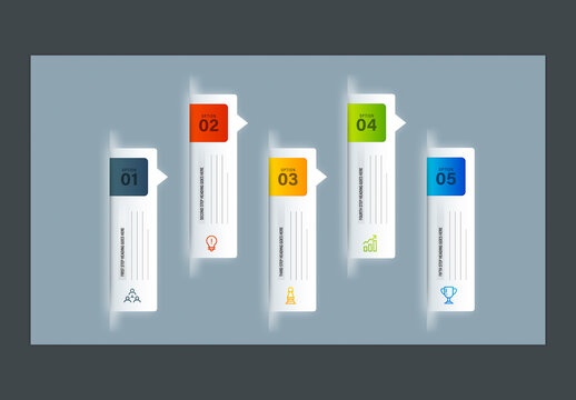 Editable Modern Business Infographic Template with 5 Vertical Steps and Glassmorphism Design Elements.