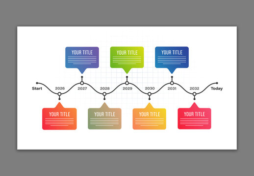 Editable Horizontal Business Timeline Infographic Template with 7 Yearly Milestones and Gradient Speech Bubbles.