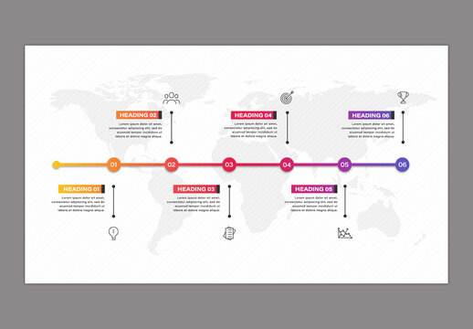 Editable Business Timeline Infographic Template with 6 Steps on World Map Background.