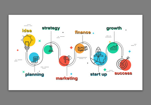 Editable Business Timeline Infographic Template with 8 Startup Stages from Idea to Success.