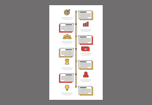 Editable Business Timeline Infographic Template with 7 Alternating Steps and Project Management Icons.