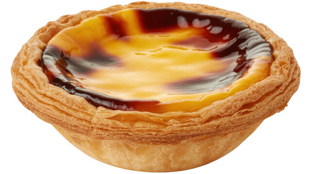 A single golden brown portuguese egg tart with a flaky crust isolated on a transparent background