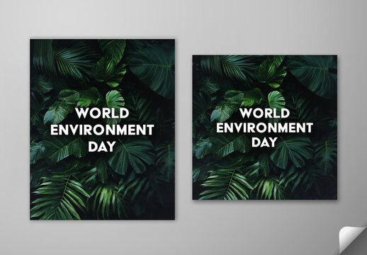 Editable World Environment Day Social Media Post Template Set with Lush Tropical Green Leaves Background.