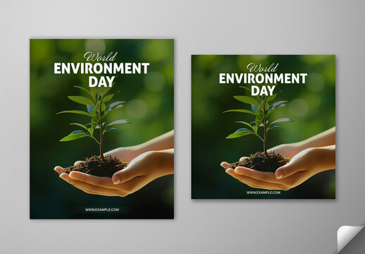 Editable World Environment Day Social Media Post Template Set with Hands Holding Plant in Soil on Green Nature Theme.