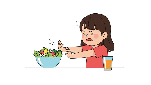 Young girl makes a refusal gesture towards a bowl of fresh vegetable salad indicating a dislike for healthy food or being a picky eater.