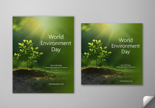 Editable World Environment Day Social Media Post Template Set with Green Plant Growing in Soil and Sunbeams.