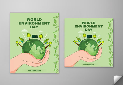 Editable World Environment Day Social Media Post Template Set with Hands Holding the Earth Globe and Sustainable Energy Icons.