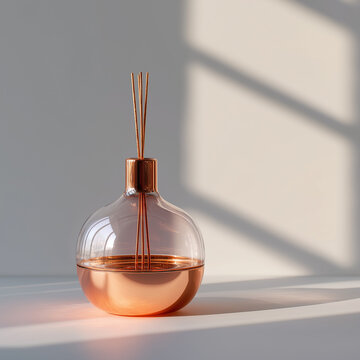A clear glass aroma diffuser with a copper base and reeds sits on a white surface with sunlight casting shadows