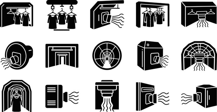 Smart Clothing Care Systems and Automated Wardrobe Sanitizers Silhouette Collection Featuring Steam Closets, Electric Garment Dryers, Deodorizing Machines, and Advanced Fabric Maintenance Technology.