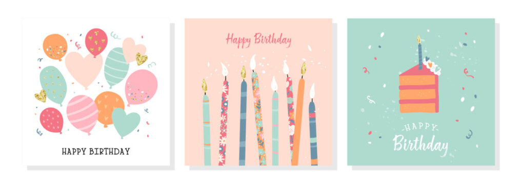 Set of lovely hand drawn birthday cards with balloons and decoration, universal artistic templates