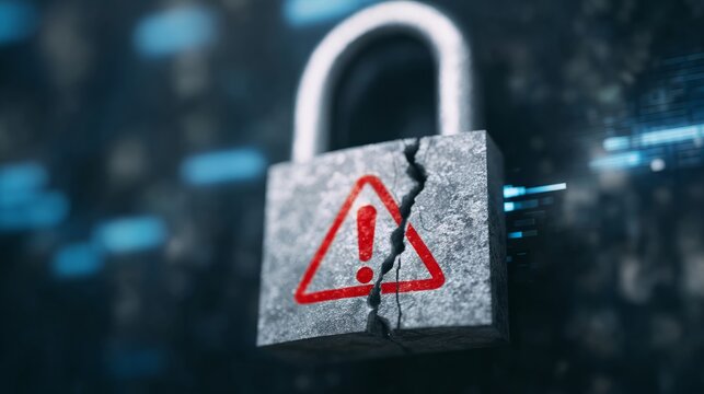 Broken padlock with warning sign on digital background. Cyber security breach illustration. Hacking attempt and data theft concept. Information technology risk and system failure analysis.