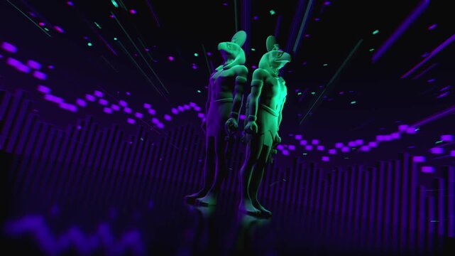 4K seamless turquoise and lilac VJ loop featuring a stylized, geometric 3D Horus deity figure with glowing circuits for VJ sets, stage screens, electronic music festivals and LED video walls