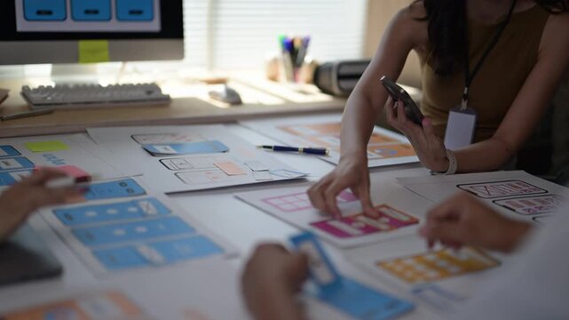 A group of people are working on a project at a desk. There are several pieces of paper with drawings on them, and a cell phone is on the table. Scene is collaborative and focused