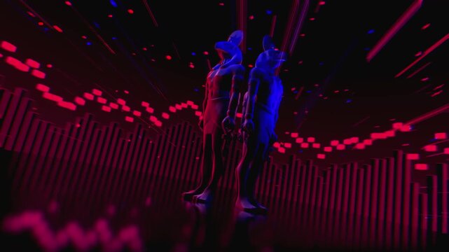 4K seamless blue and red VJ loop featuring a stylized, geometric 3D Horus deity figure with glowing circuits for VJ sets, stage screens, electronic music festivals and LED video walls
