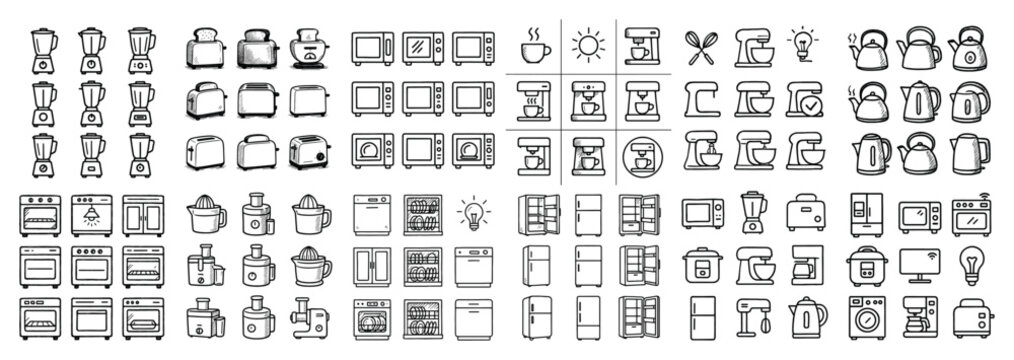 Kitchen icons with toaster blender kettle outline