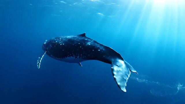 Majestic Whale Swimming in Deep Blue Ocean Sunlight
