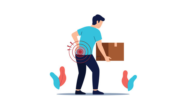 Man experiencing sharp lower back pain while lifting a heavy cardboard box to illustrate the risk of improper lifting techniques and injury.