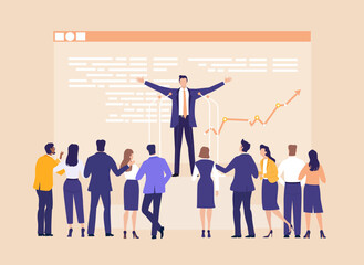 A businessman with open hands addressing an audience during a meeting, symbolizing good news, success announcement, leadership, communication, and positive corporate outcomes.