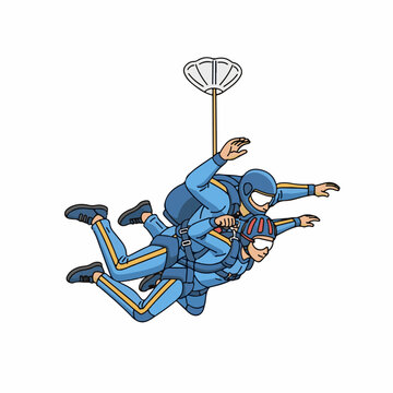 Tandem skydivers freefalling in blue suits vector illustration