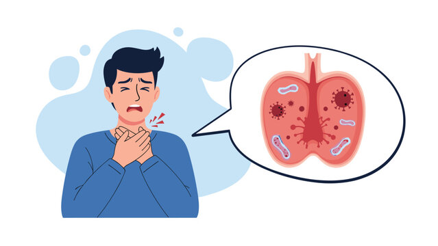 Young man feeling throat pain and breathing difficulty with infected lungs illustration shown in a speech bubble.