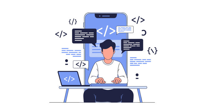 Illustration of a software developer debugging mobile application code on a smartphone