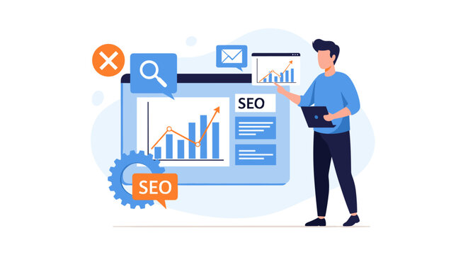 Man review data analysis charts and graphs for website SEO optimization