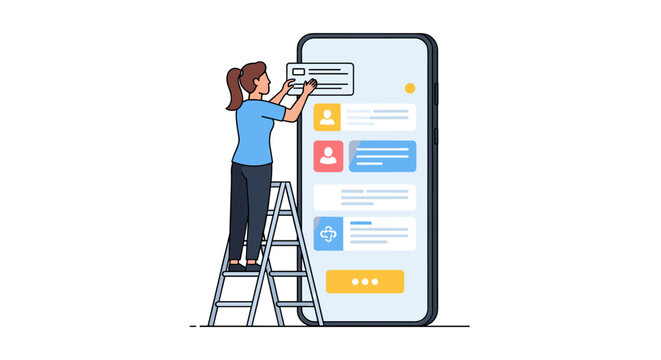 Woman climbs ladder to interact with oversized smartphone application interface banner