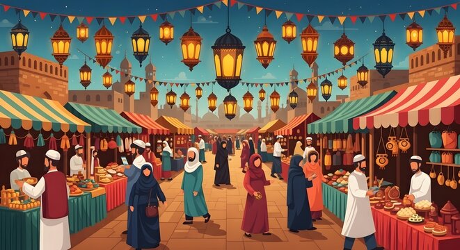 Vibrant Middle Eastern marketplace at dusk with people shopping and lanterns