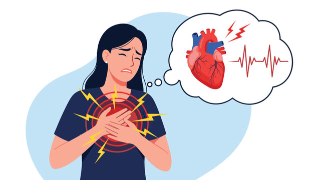 Young woman feeling sharp chest pain and clutching her heart with a thought bubble showing human heart and pulse.