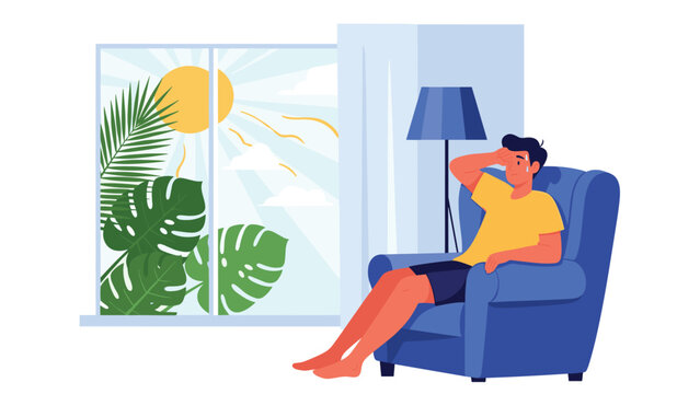 Man sitting in an armchair inside his home and sweating due to extreme summer heat and sun shining through window.
