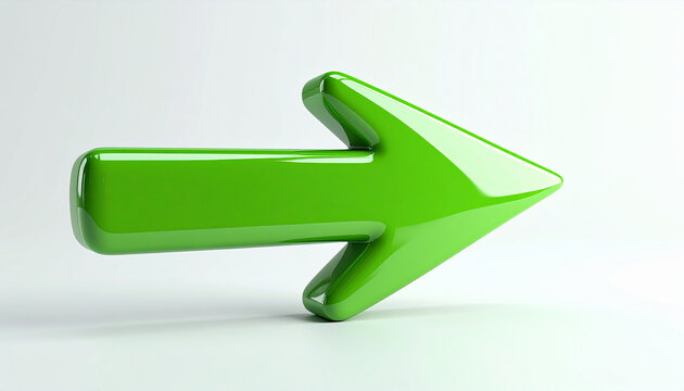 Green glossy 3D arrow pointing right, isolated on white background, smooth reflective surface, directional guide or navigation