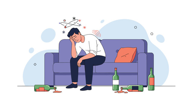Tired and hungover man sitting on a sofa with a headache and empty alcohol bottles scattered on the floor.