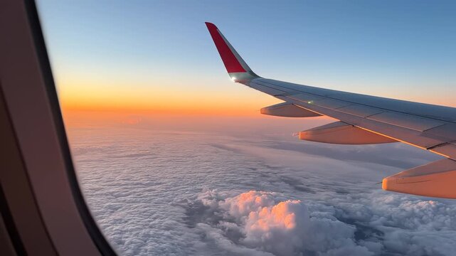Airplane wing view from window for commercial advertising, marketing campaigns, and creative projects
