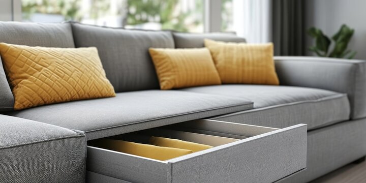 Cozy home living room interior with empty space on a drawer and a sofa in the background, offering customizable design options, Generative AI
