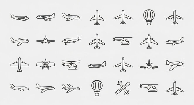 Collection of Hand Drawn Airplane and Hot Air Balloon Icons.