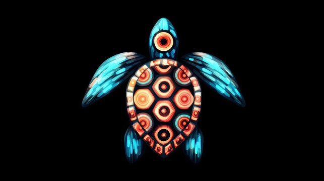 Turtle Minimal Background, Vibrant Neon Abstract Turtle Artwork with Geometric Shell Pattern on Black Background for Modern Decor