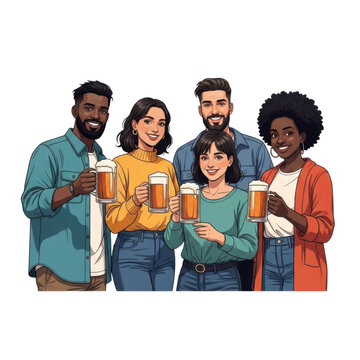 A diverse group of friends cheerfully raising glasses of beer together perfect for social illustrations on transparent background high quality professional