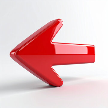 Red glossy 3D arrow pointing left, isolated on white background, smooth reflective surface, directional guide or navigation