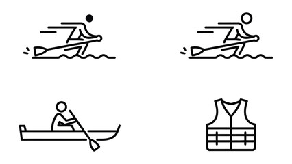 Rowing Icon Set: A collection of minimalist line icons captures the essence of rowing, including rowers in action and a life vest for safety. This set symbolizes the strength, technique. © hafs121