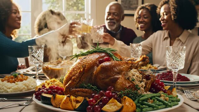 Family gathering around a roasted turkey meal for commercial advertising, marketing campaigns, and creative projects