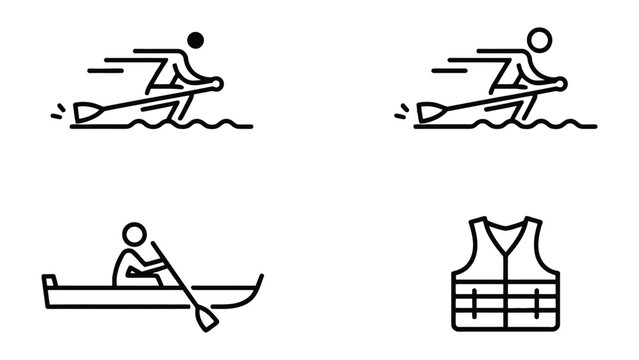 Rowing Icon Set: A collection of minimalist line icons captures the essence of rowing, including rowers in action and a life vest for safety. This set symbolizes the strength, technique.