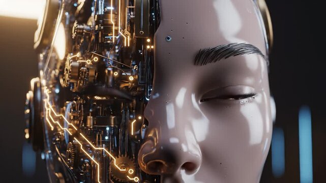 cybernetic human head with exposed circuitry for commercial backgrounds, digital design, and advertising