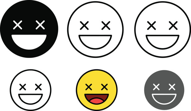 Emoji icons set featuring dead smiley faces with cross eyes in various minimalist vector styles for digital graphic design projects