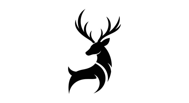 Elegant Black Deer Silhouette on White Background, Stylized Antlers, Minimalist Wildlife Art
