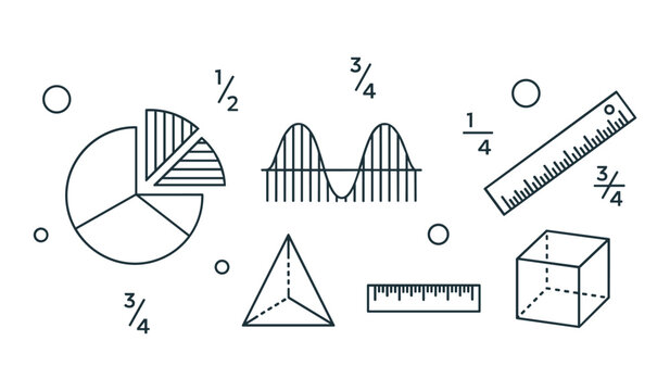 Black and white diagrams of fractions illustrated with pie chart ruler waveform triangle and cube math