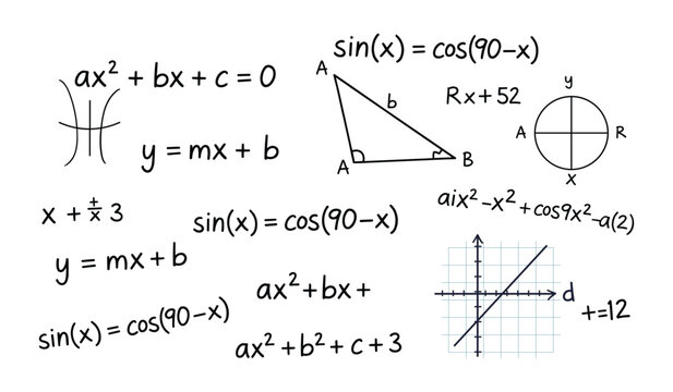 Handwritten mathematical equations and geometric diagrams on white paper mathematics algebra geometry