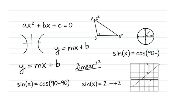 Mathematical equations and graphs on white background with quadratic formula trigonometric functions and linear equations