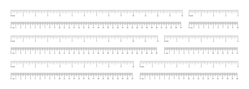 Inch, metric rulers from 4 to 14 inch, 10 to 35 cm. Measuring scale tools. Scale templates for ruler centimeters, inches. Metrics indicator icon cm, inch. Set of inches, centimeters measuring scales.